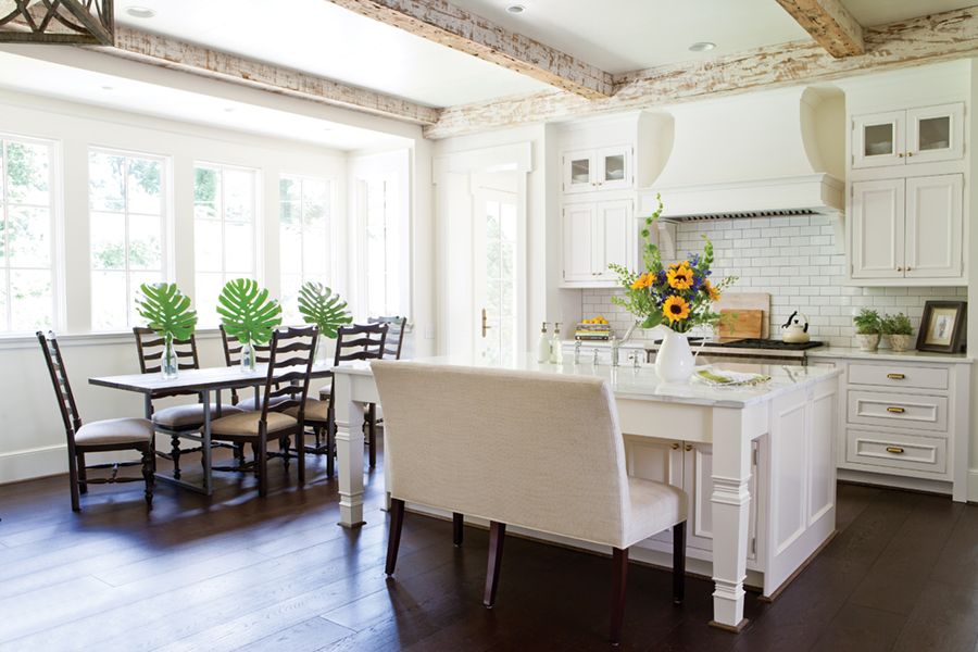 Modern Farmhouse Kitchen with Exposed Beams and White Cabinets