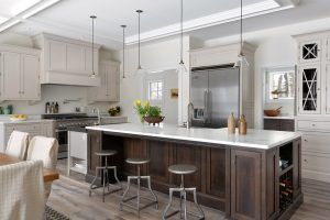 White Kitchen Cabinets with Wood Grain Island