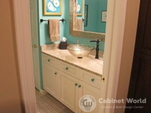 White Vanity with Teal Pulls