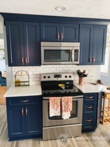 Navy Kitchen Cabinets with Rose Gold Accents